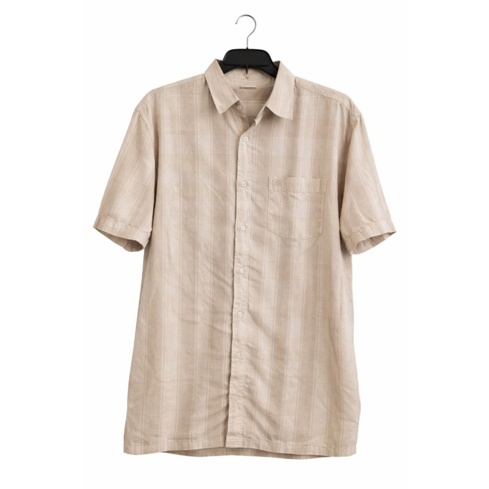 Old Skool Mens Button Up Shirt M Beige Striped Short Sleeve Urban Streetwear